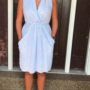 Bar III blue marbled v neck dress